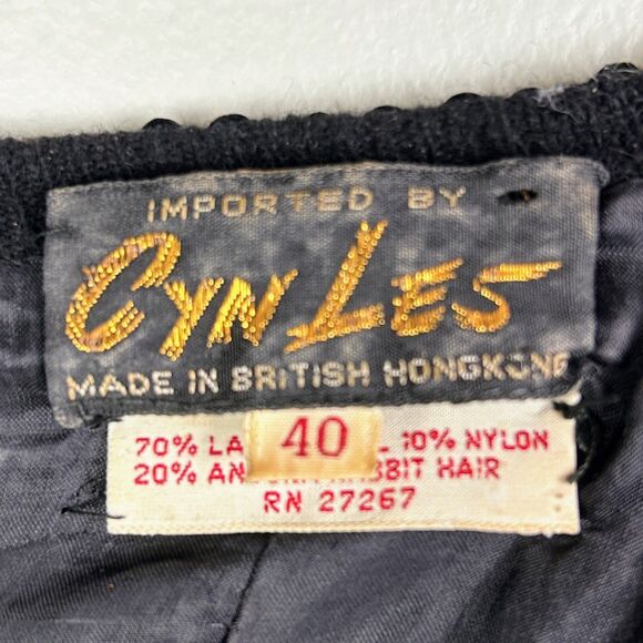 Cyn Les Vintage 1950's Lambs Wool & Angora Sequin Beaded Knit Cardigan Black 40 - Picture 9 of 15